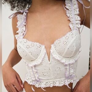 NWT For Love & Lemons Swirl Eyelet Corset‎ Crop Top White Lavender 38D